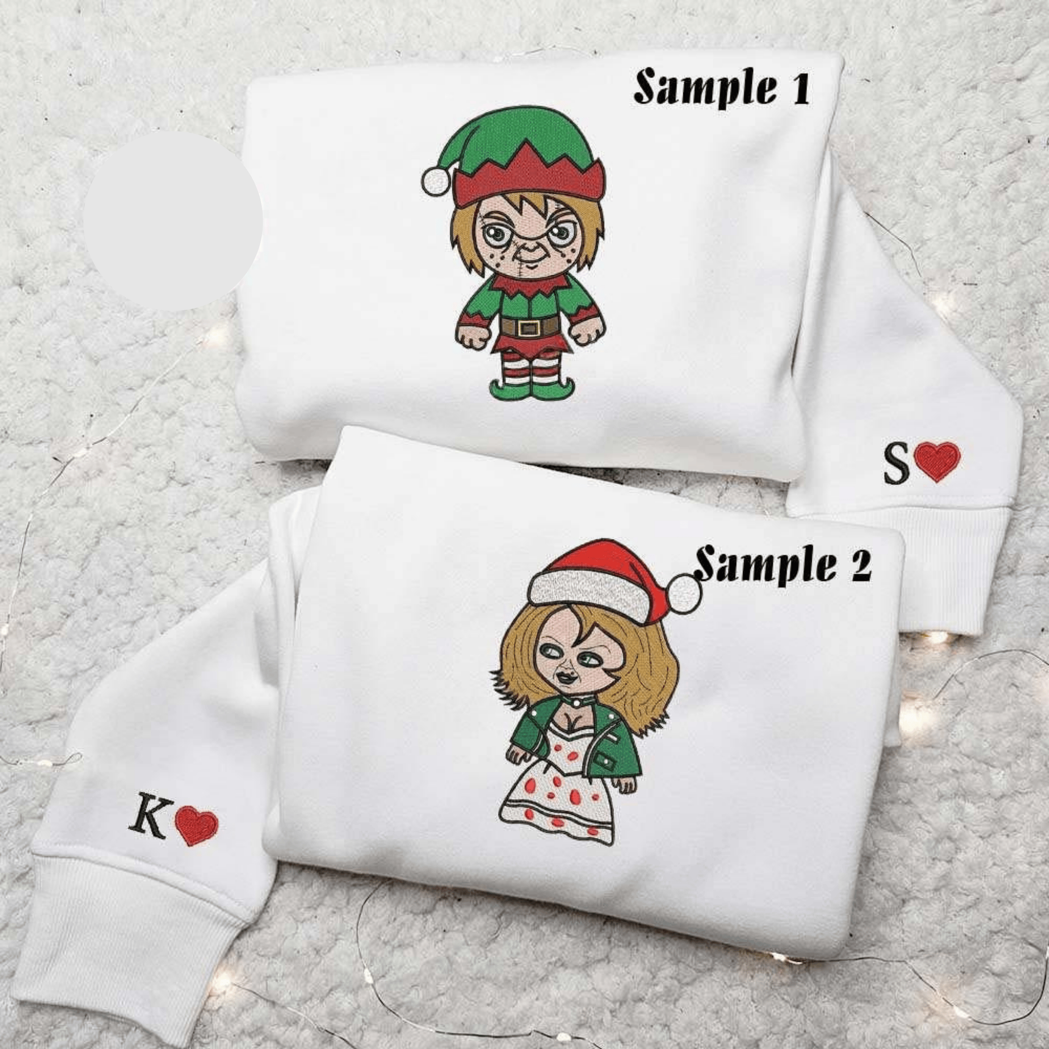 Chibi Chucky And Tiffany Horror Christmas Halloween Embroidered Couples Shirts