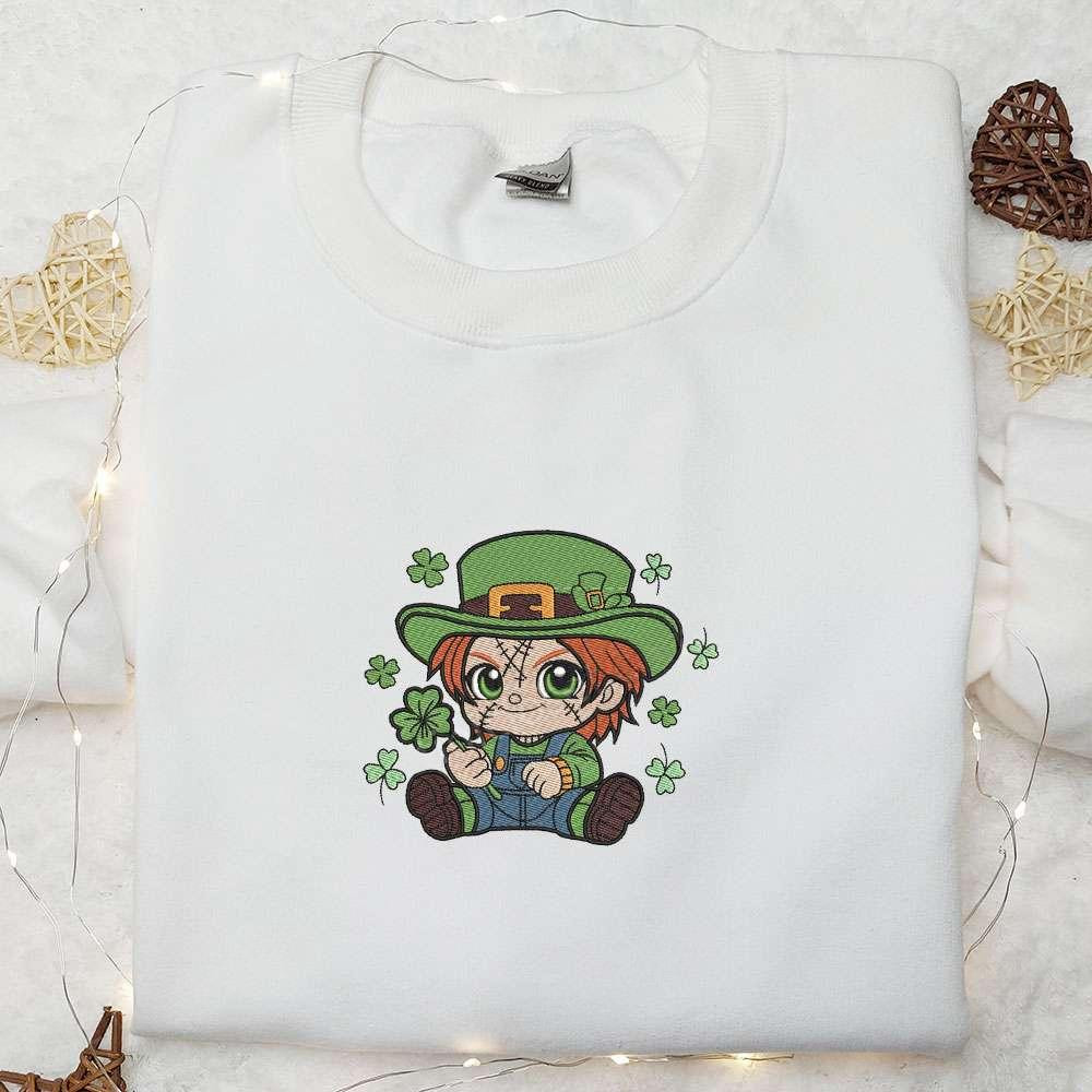 Chibi Chucky Shamrock Embroidered Shirt Saint Patricks Day Embroidered Hoodie Best Holiday Gift Ideas