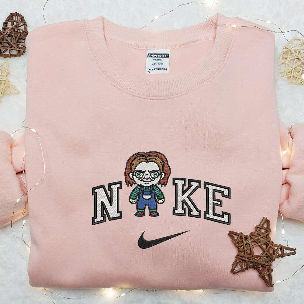 Chibi Chucky x Nike Embroidered Sweatshirt Horror Movie Embroidered Hoodie Halloween Embroidered Shirt