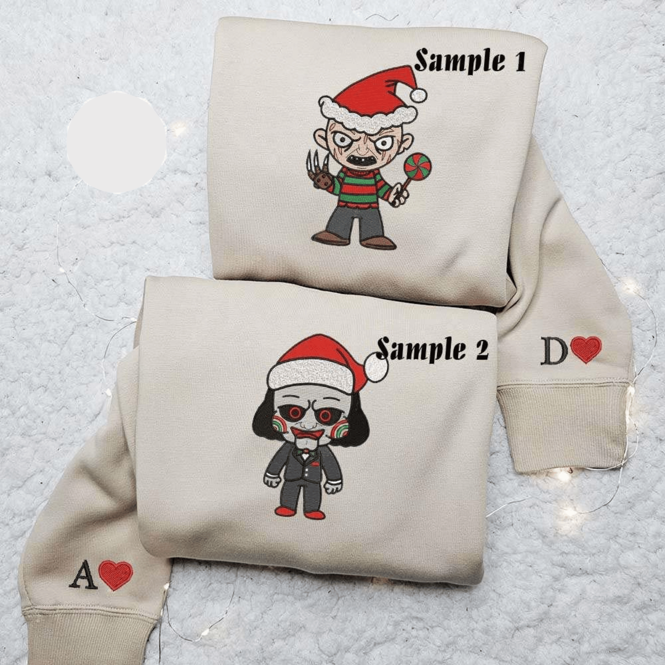 Chibi Freddy Krueger And Jigsaw Horror Christmas Halloween Embroidered Couples Shirts