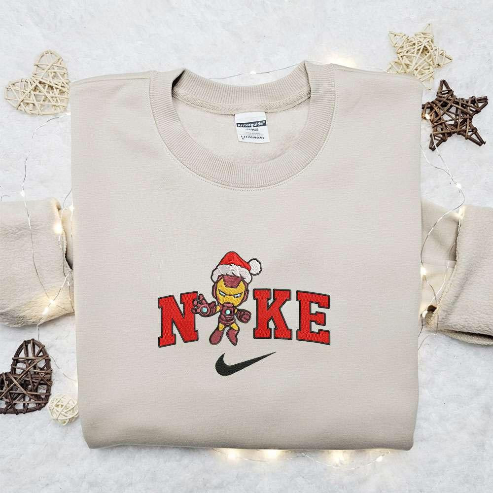 Chibi Iron Man Xmas Hat x Nike Christmas Embroidered Sweatshirt Characters Movie Merry Christmas Embroidered Shirt Best Christmas Day Gift Ideas