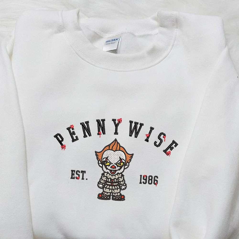 Chibi Pennywise Est 1986 Embroidered Shirt Spooky Halloween Embroidered Hoodie Funny Halloween Embroidered Shirt