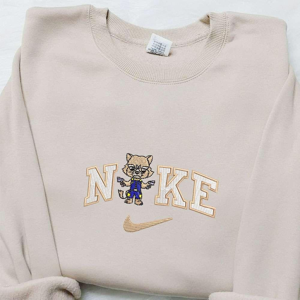 Chibi Rocket Racoon x Nike Swoosh Embroidered Shirt Guardians Of The Galaxy Movie Embroidered Hoodie Marvel Characters Embroidered Sweatshirt