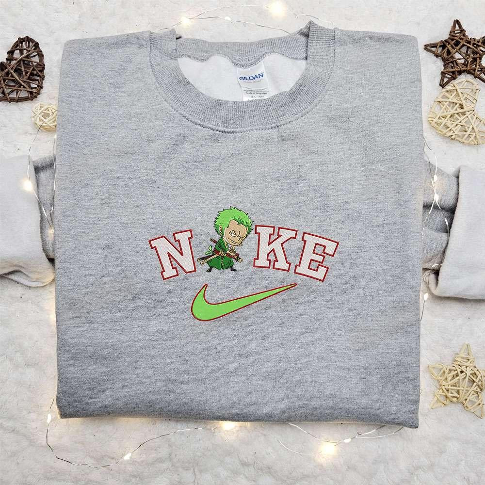 Chibi Roronoa Zoro x Nike Anime Embroidered Sweatshirt One Piece Embroidered Sweatshirt Nike Inspired Embroidered Hoodie