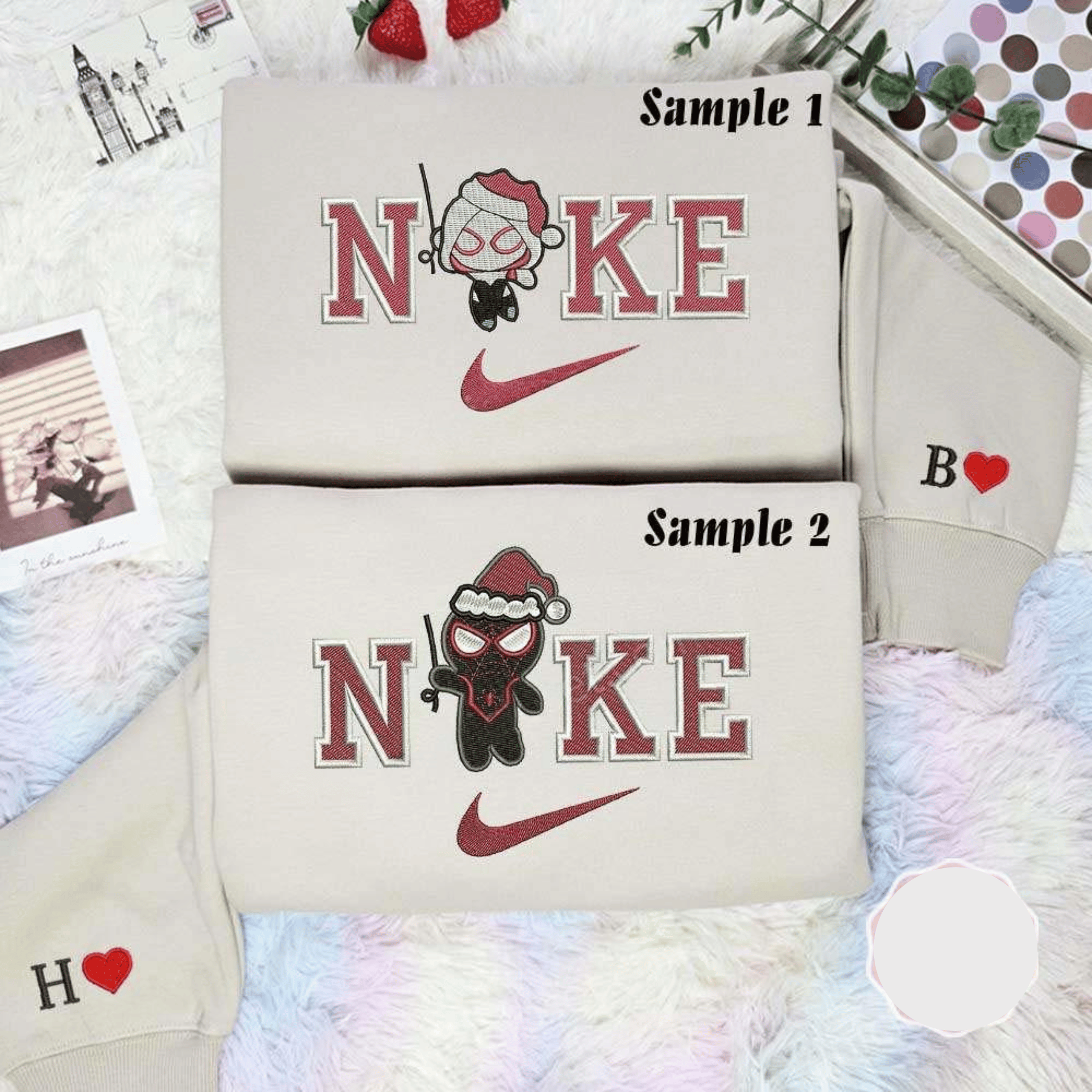 Chibi Spider And Gwen Christmas Embroidered Couples Shirts