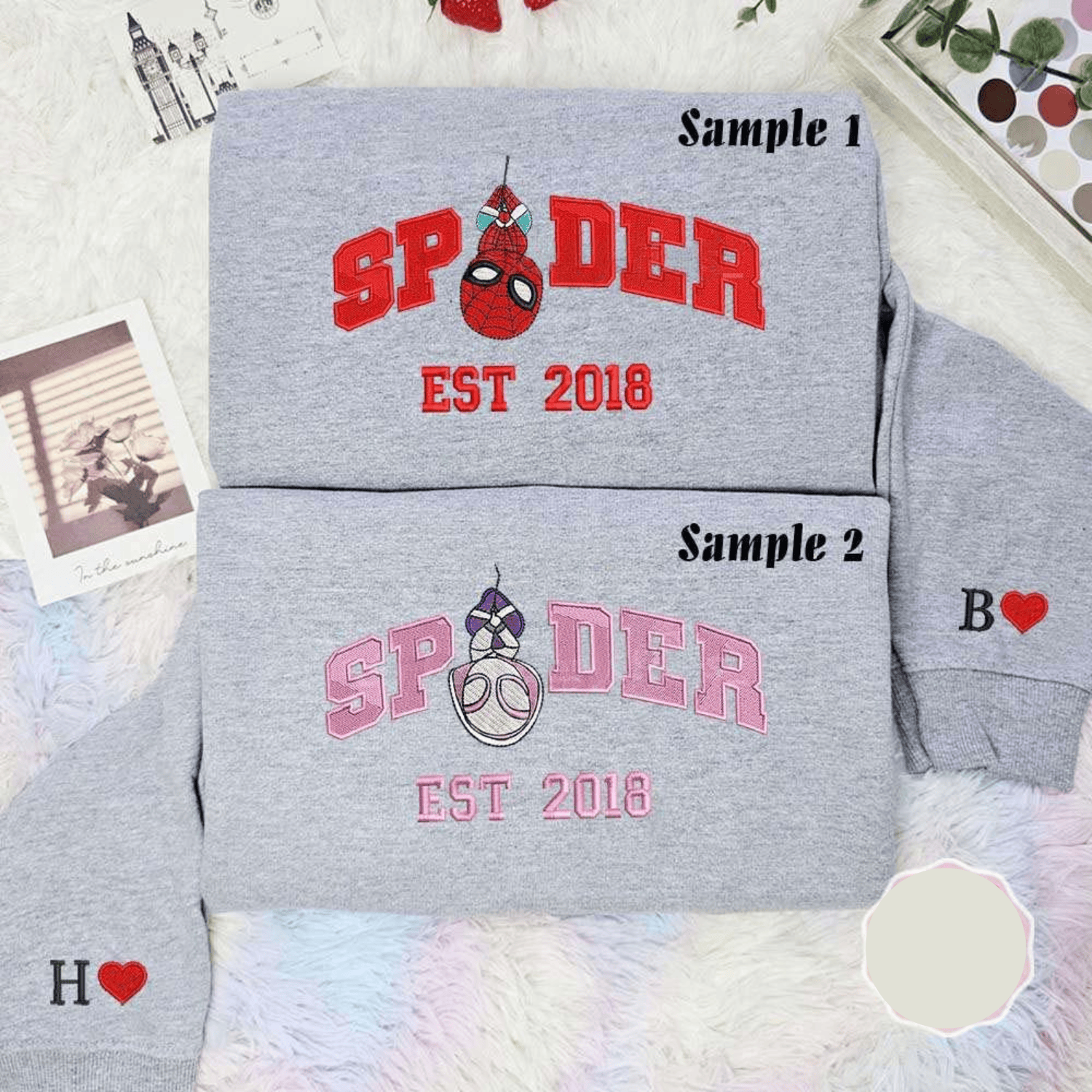 Chibi Spider And Gwen Hanging Embroidered Couples Shirts