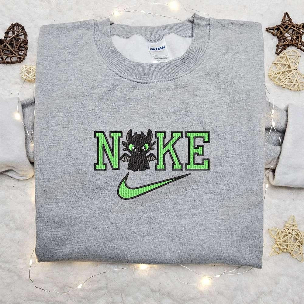 Chibi Toothless x Nike Cartoon Embroidered Sweatshirt Disney Characters Embroidered Shirt Best Gift Ideas for Family