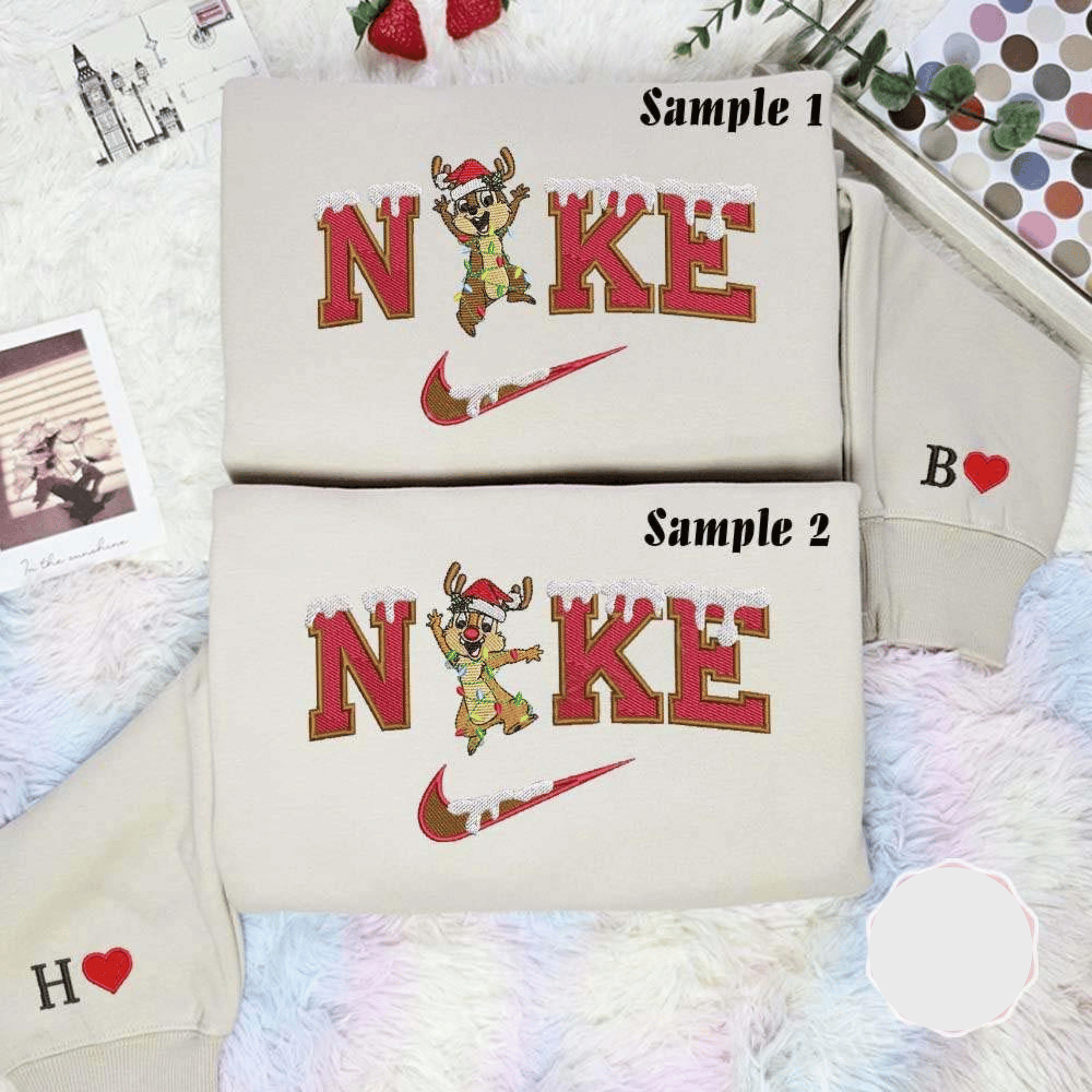 Chip And Dale Christmas Embroidered Couples Shirts
