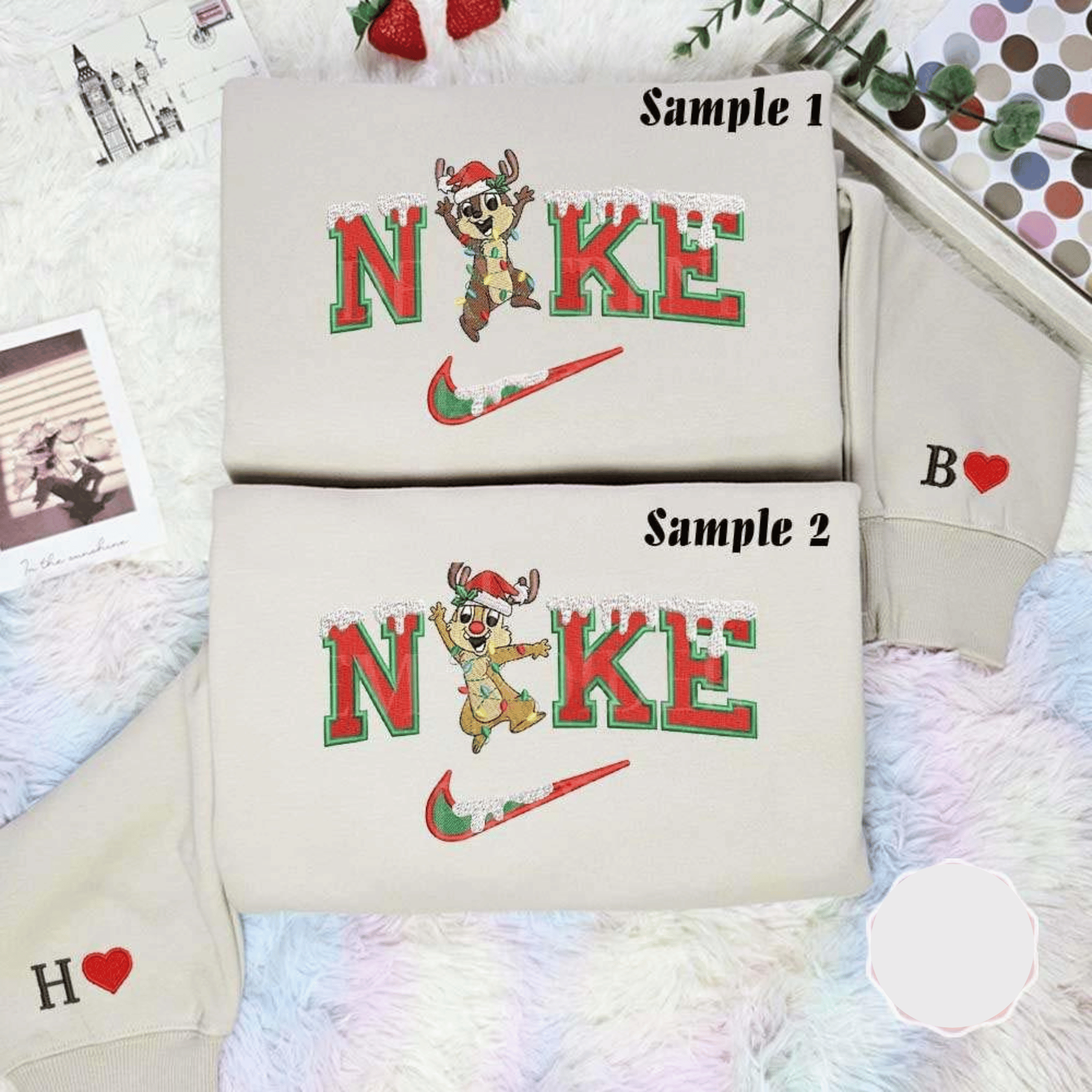Chip And Dale Christmas Embroidered Couples Shirts