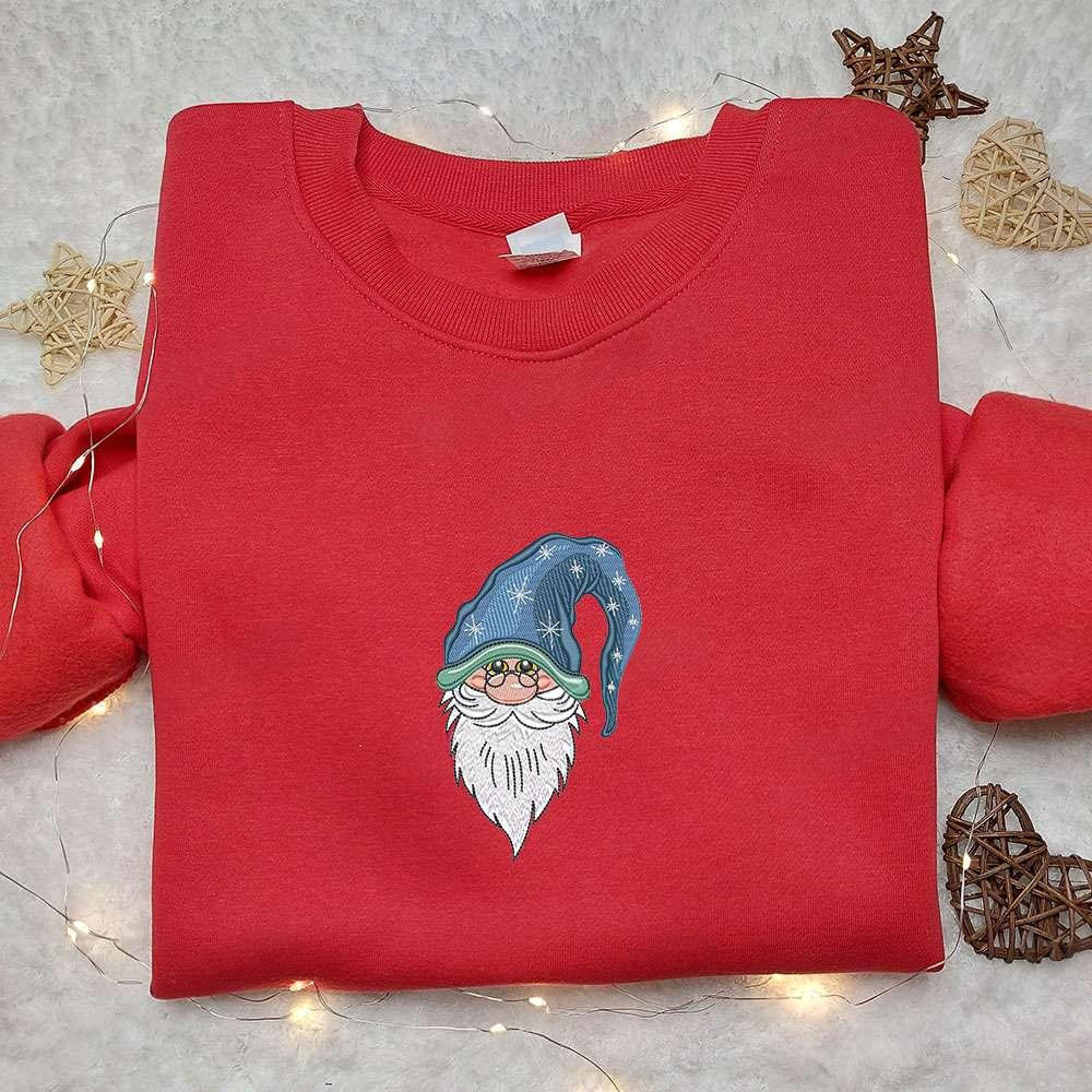 Christmas Gnome Blue Hat Embroidered Shirt Cute Christmas Embroidered Shirt Best Christmas Gift Ideas For Family