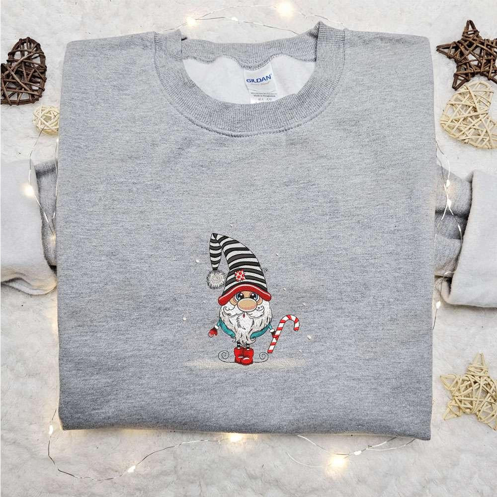 Christmas Gnome Candy Cane Embroidered T shirt Cute Christmas Embroidered T shirt Best Christmas Gift Ideas For Family