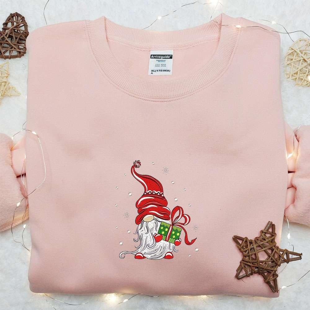 Christmas Gnome With Gift Embroidered Shirt Cute Christmas Embroidered Hoodie Best Christmas Gift Ideas