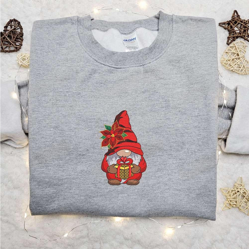 Christmas Gnome With Poinsettia Embroidered Hoodie Christmas Embroidered Hoodie Best Christmas Gift Ideas For Family
