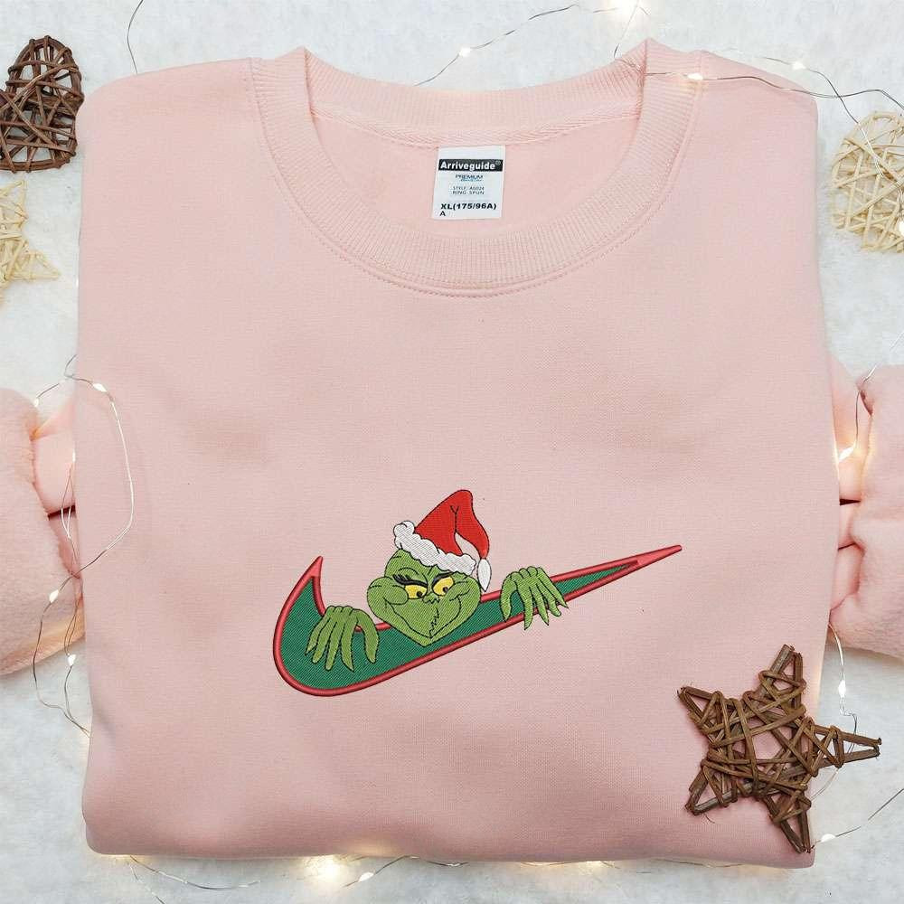 Christmas Grinch x Swoosh Embroidered Sweatshirt Nike Inspired Embroidered Hoodie Best Christmas Gift Ideas