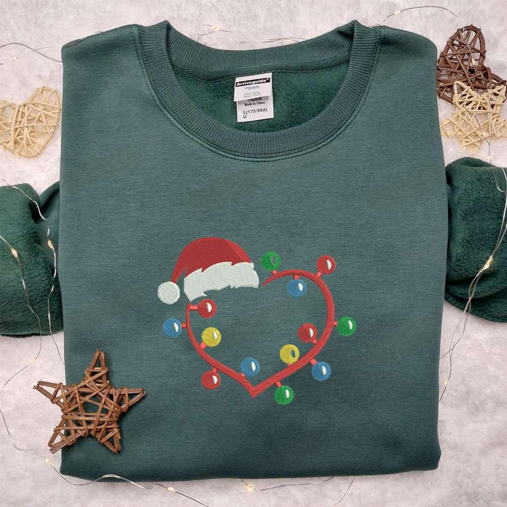 Christmas Hat And Lights Heart Embroidered Shirt Christmas Embroidered Hoodie Best Gifts For Family