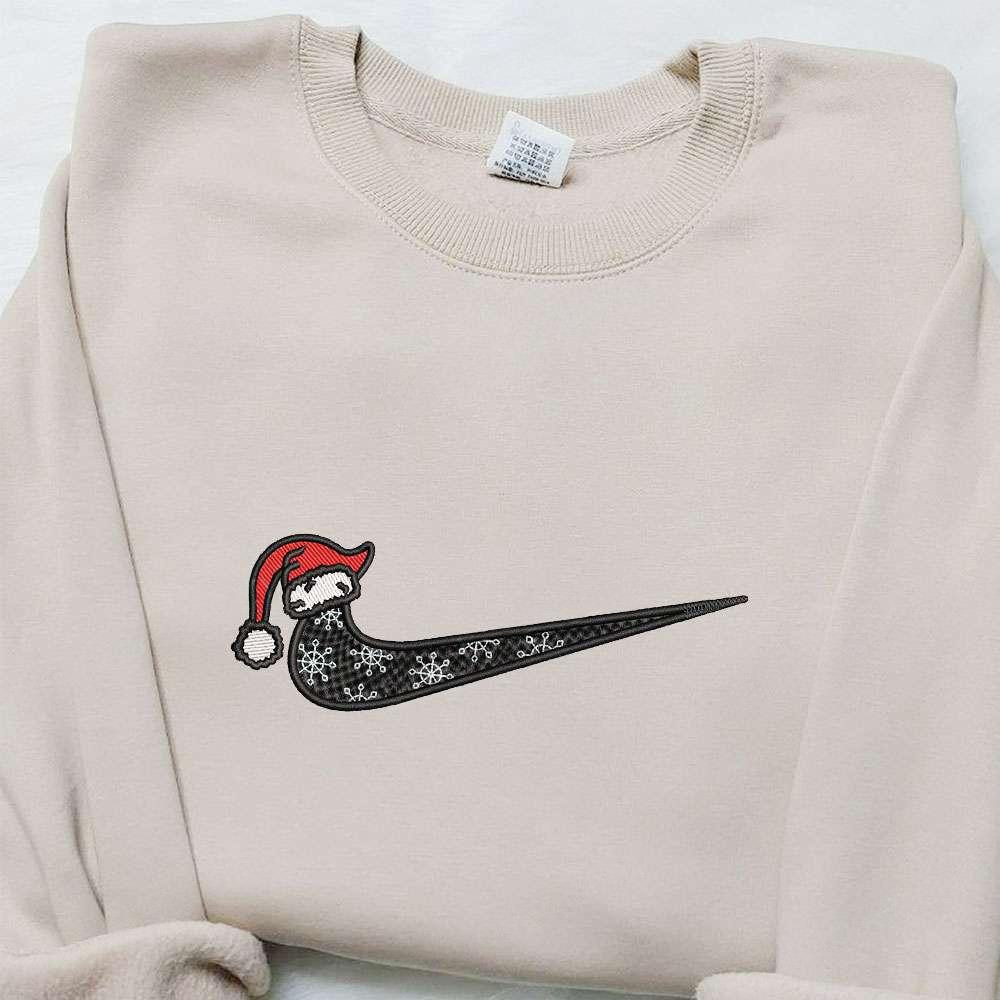 Christmas Hat x Swoosh Embroidered Shirt Christmas Embroidered Hoodie Custom Nike Embroidered T shirt