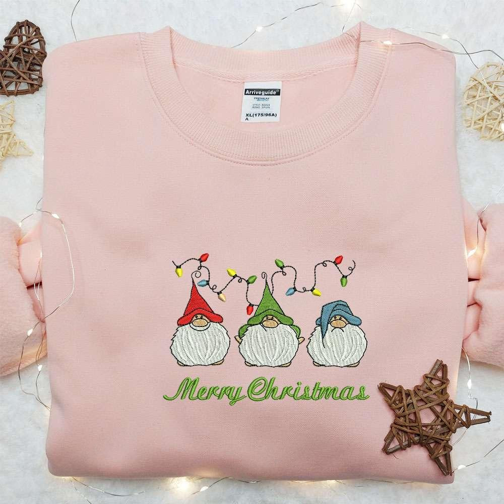 Christmas Three Mini Gnomes Embroidered Hoodie Cute Christmas Embroidered T shirt Best Christmas Gift Ideas For Kids