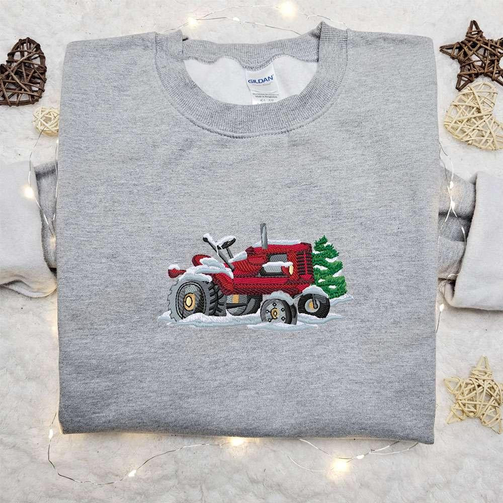 Christmas Tractor Embroidered Shirt Christmas Embroidered Hoodie Best Gifts For Family