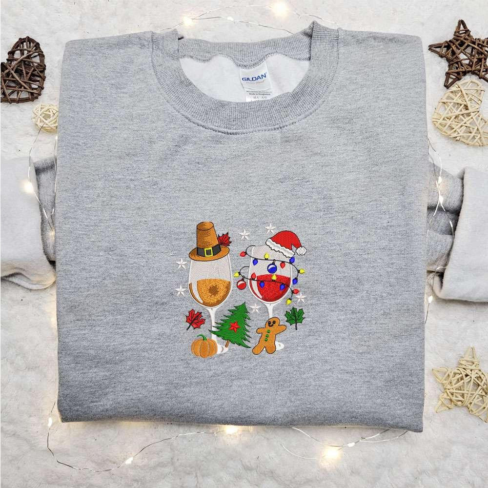 Christmas Wine Glasses Embroidered Shirt Christmas Embroidered Hoodie Best Gifts For Family
