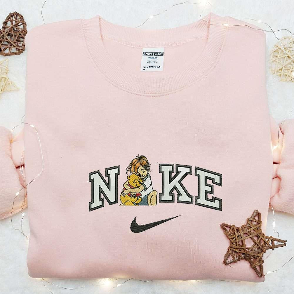 Christopher And Pooh Hugging x Nike Embroidered Shirt Disney Characters Embroidered Shirt Cartoon Embroidered Hoodie