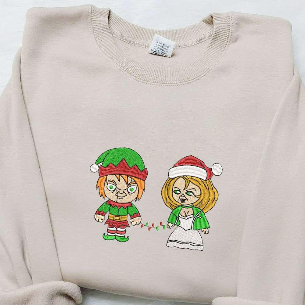 Chucky And Tiffany Elf Embroidered Shirt Halloween Embroidered Hoodie Christmas Embroidered Sweatshirt