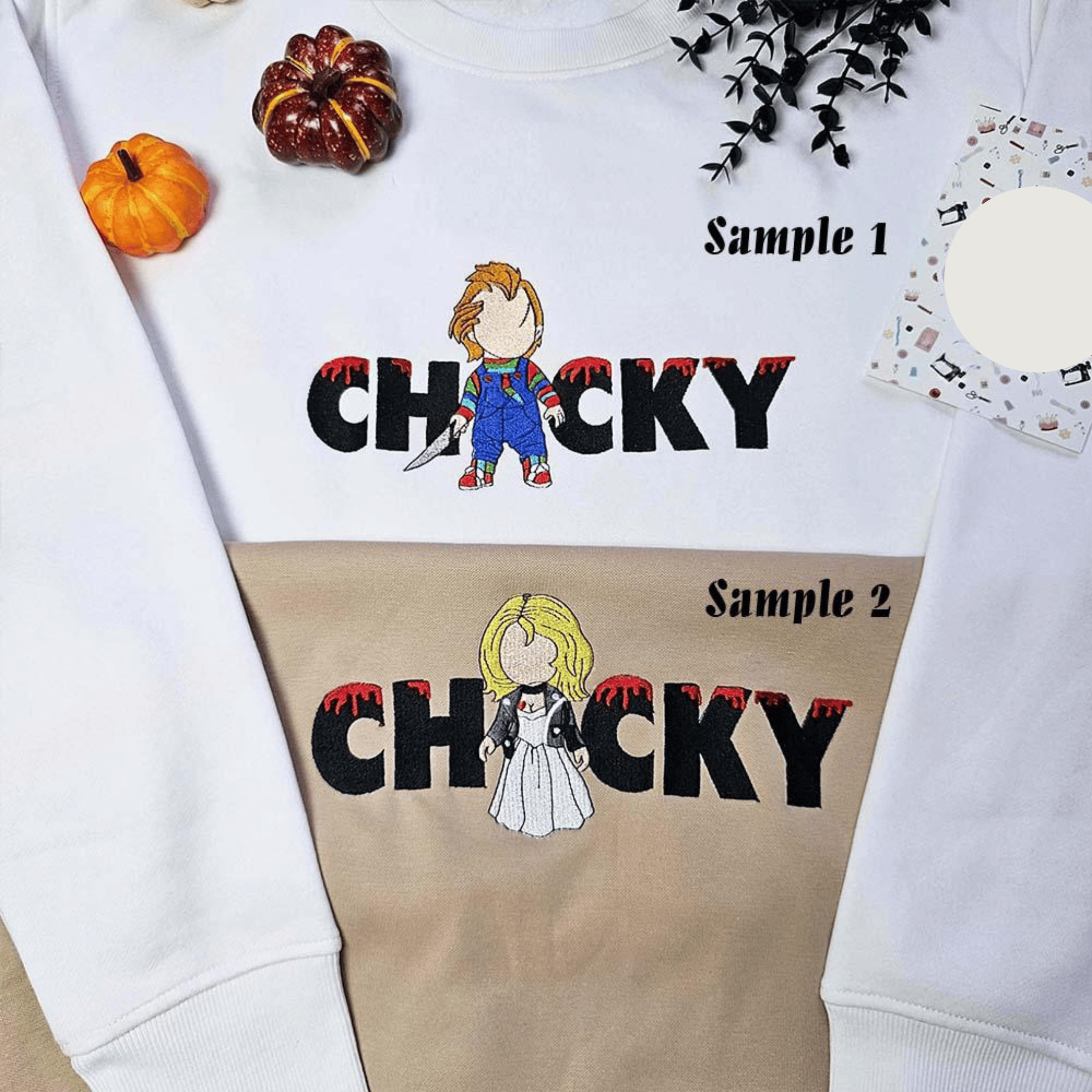Chucky And Tiffany Halloween Horror Movie Embroidered Couples Shirts