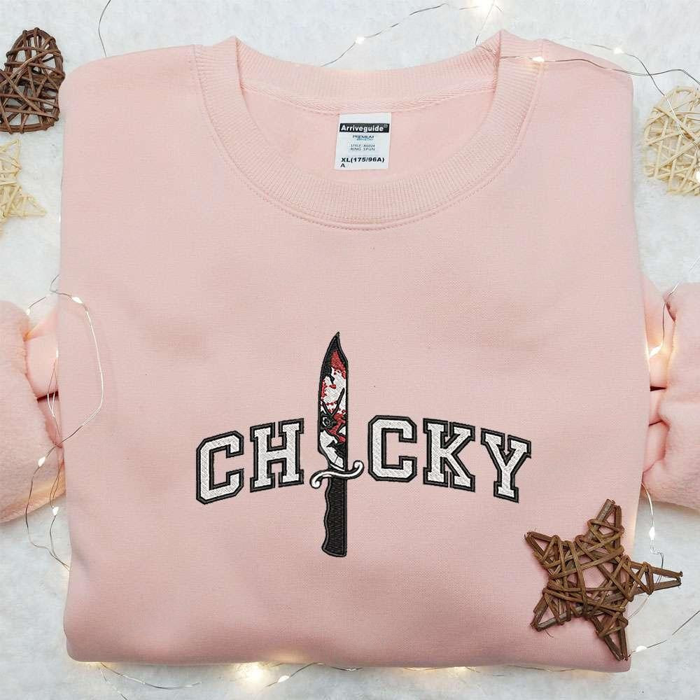 Chucky In Knife Embroidered Shirt Horror Characters Inpired Embroidered Shirt Halloween Embroidered Shirt