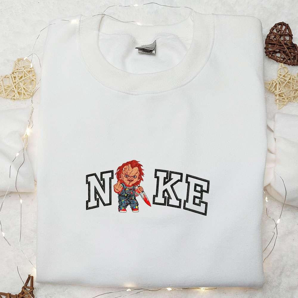 Chucky Raising Middle Finger x Nike Embroidered Shirt Horror Movie Embroidered Hoodie Halloween Embroidered Sweatshirt