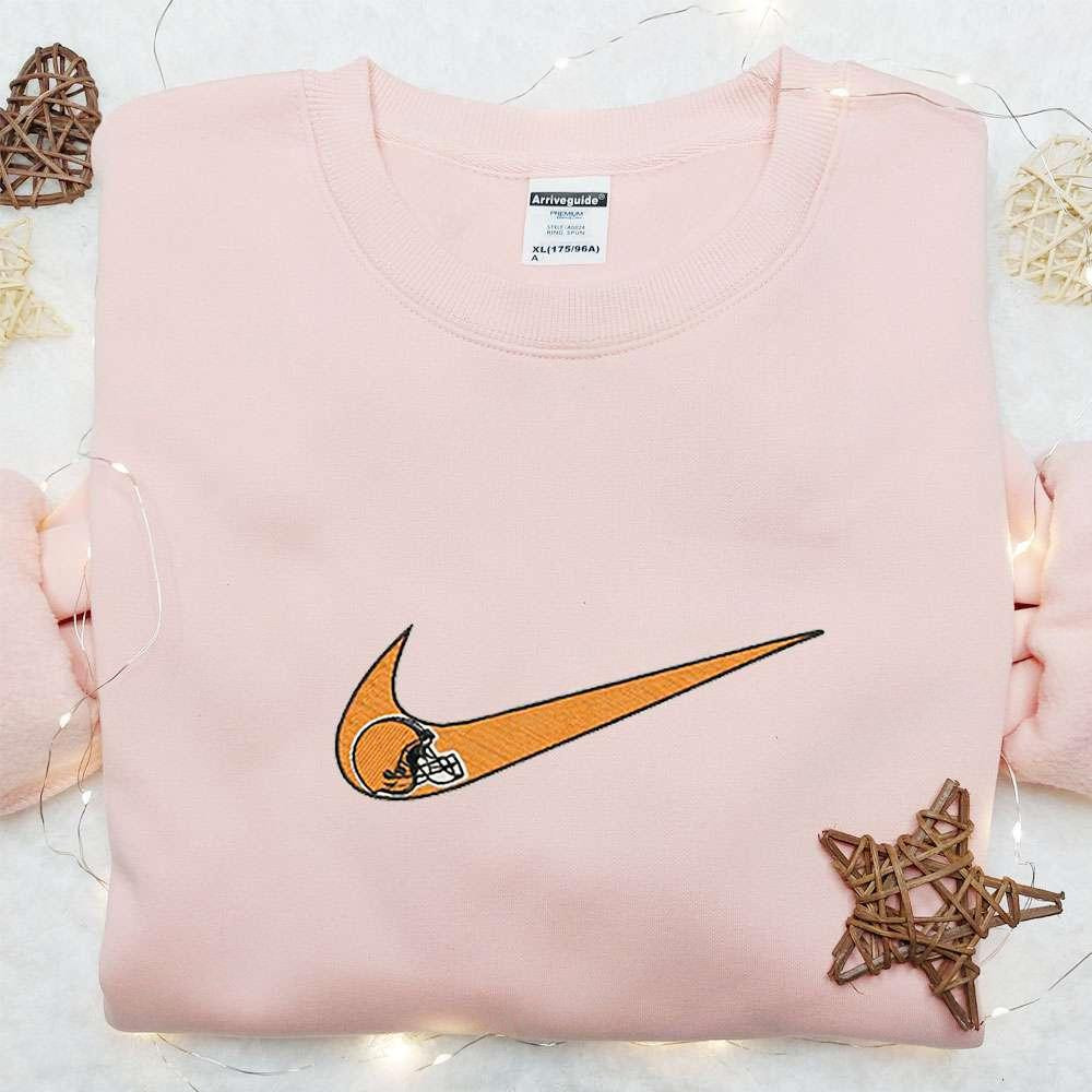 Cleveland Browns Helmet x Nike Swoosh Embroidered Shirt NFL Sports Embroidered Hoodie Nike Inspired Embroidered Shirt