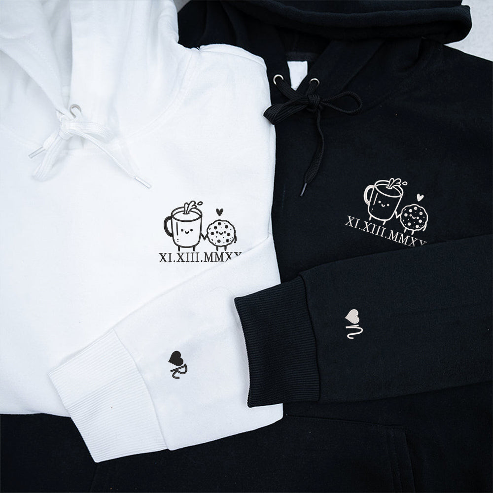 Cookie and Milk Cute Custom Roman Numeral Matching Embroidered Hoodies For Couples