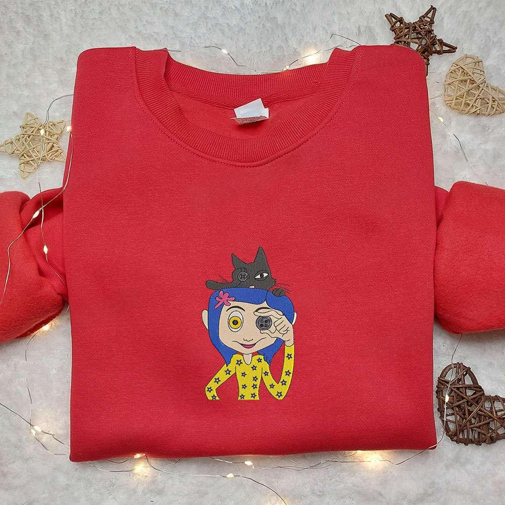 Coraline Button Eye And The Cat Embroidered Sweatshirt Halloween Embroidered Hoodie Best Halloween Gift Ideas