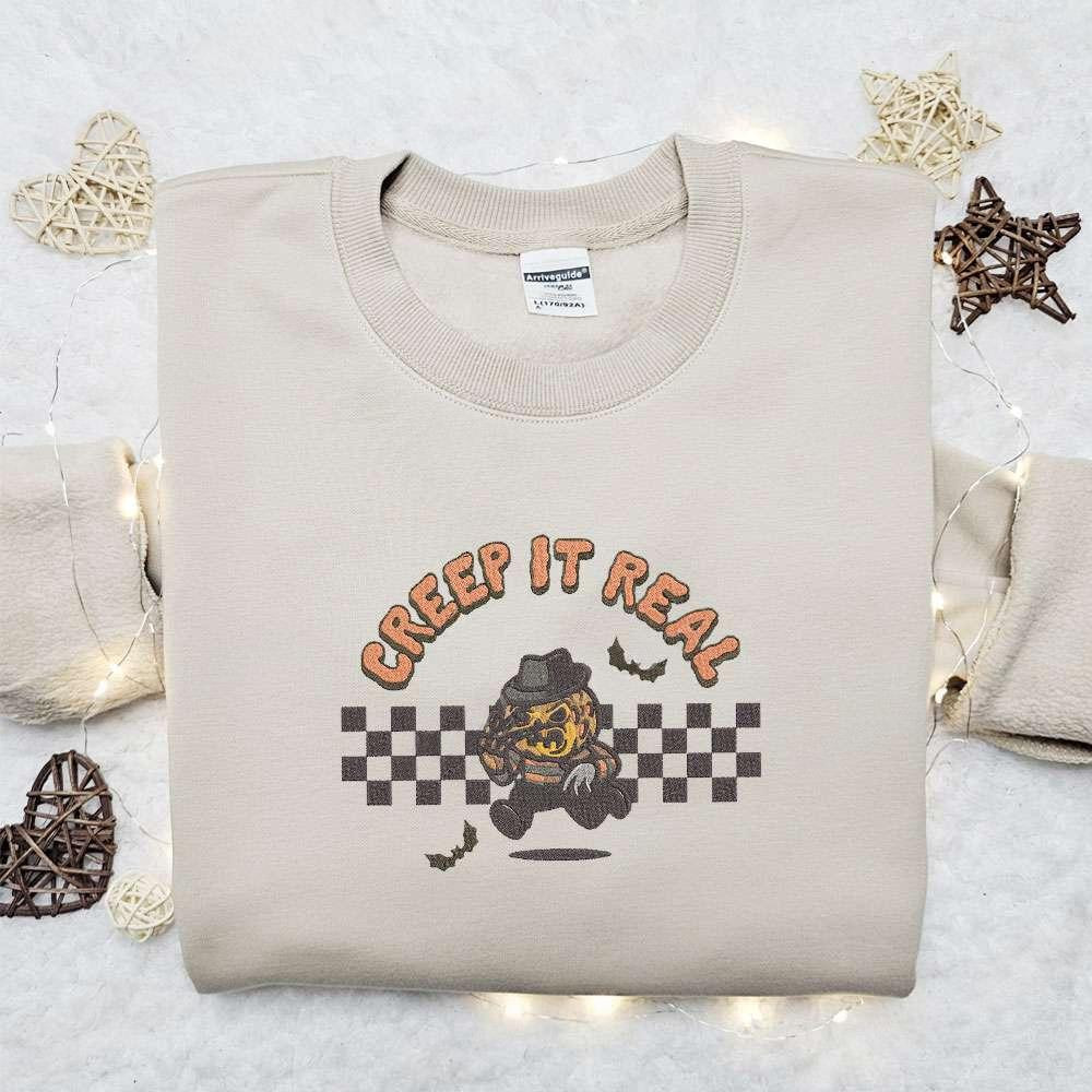 Creep It Real Freddy Krueger Pumpkin Embroidered Sweatshirt A Nightmare on Elm Street Halloween Embroidered Shirt Best Halloween Gift Ideas