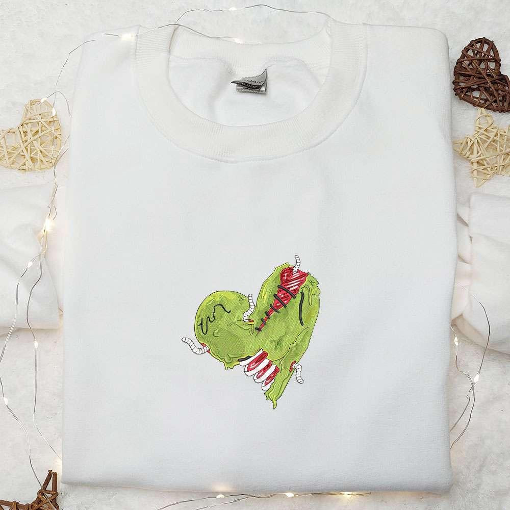 Creepy Zombie Heart Embroiderd Shirt Horror Zombie Embroidered Shirt Zombie Heart Halloween Embroidered Shirt