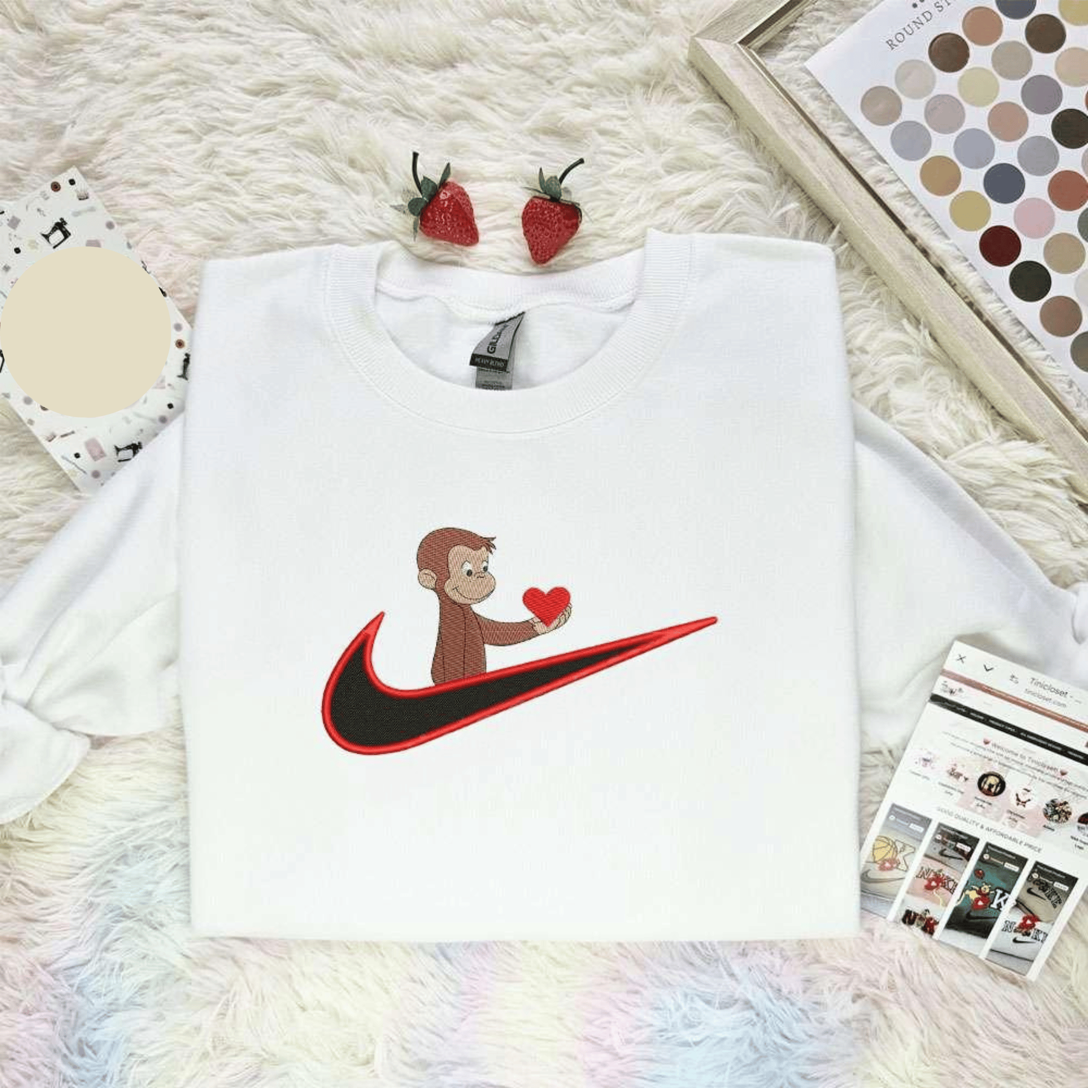 Curious George Monkey And Red Heart Embroidered Shirt Cartoon Embroidered Hoodie, Inspired Famous Movie, Best Gift For Fans