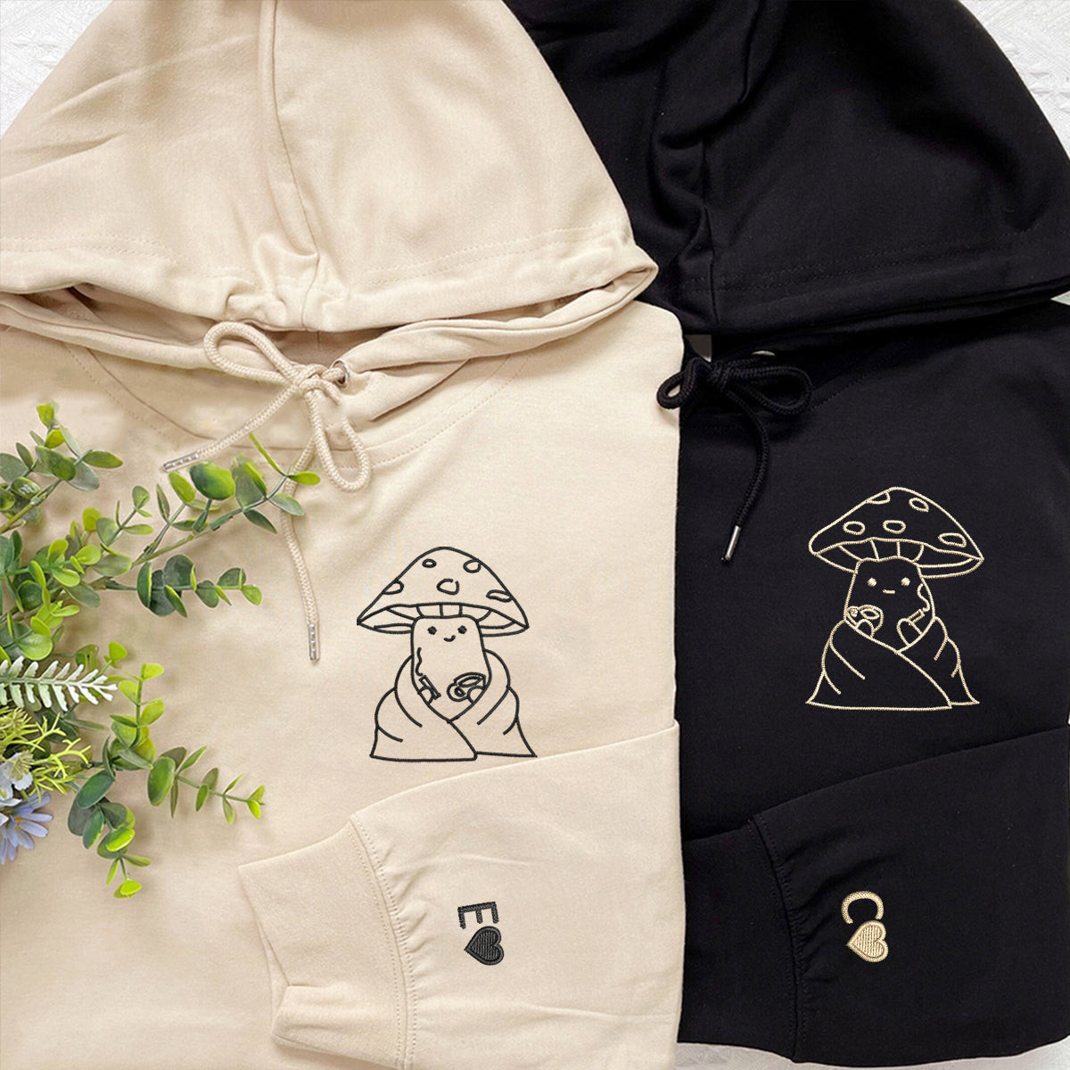 Custom Embroidered Coffee Drinking Mushroom Matching Hoodies for Couples