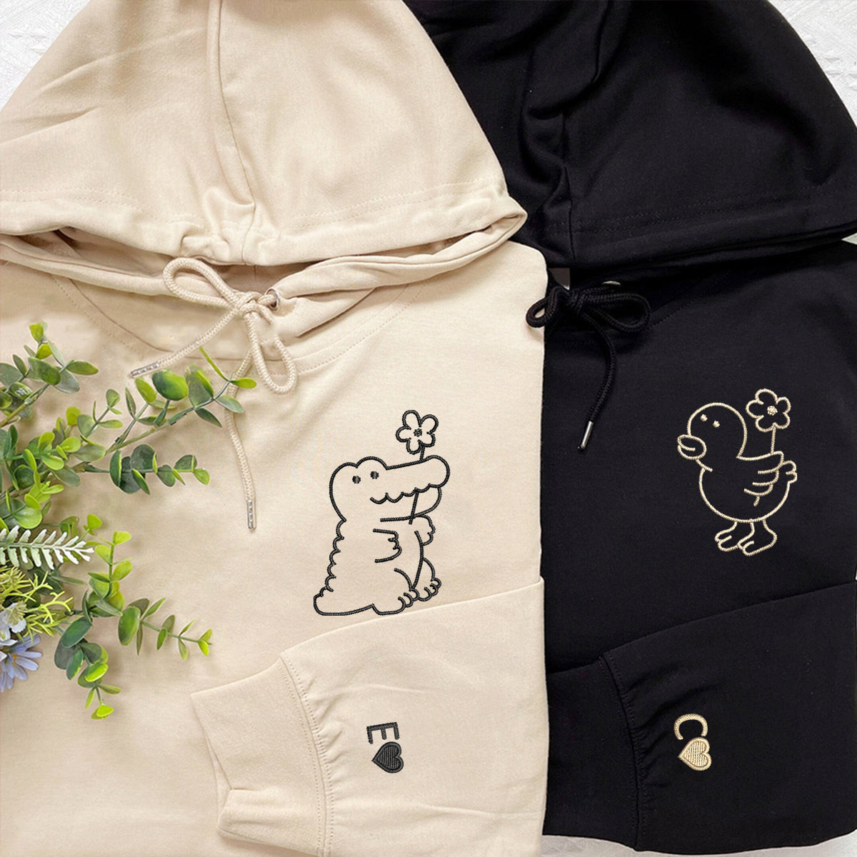 Custom Embroidered Crocodile and Duck Matching Hoodies for Couples