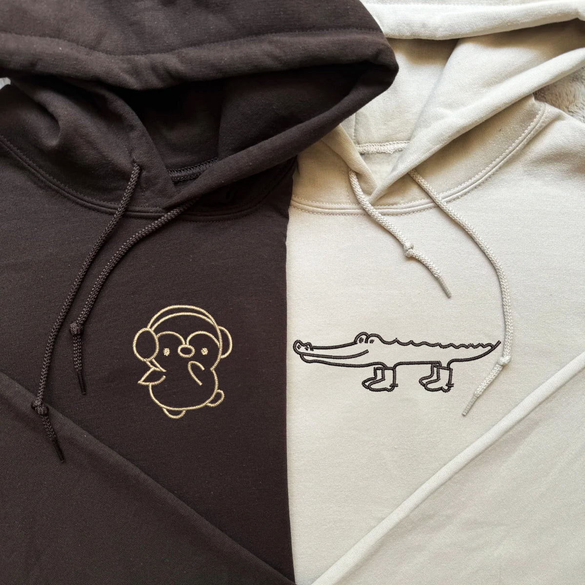 Custom Embroidered Crocodile & Penguin Matching Hoodies for Couples