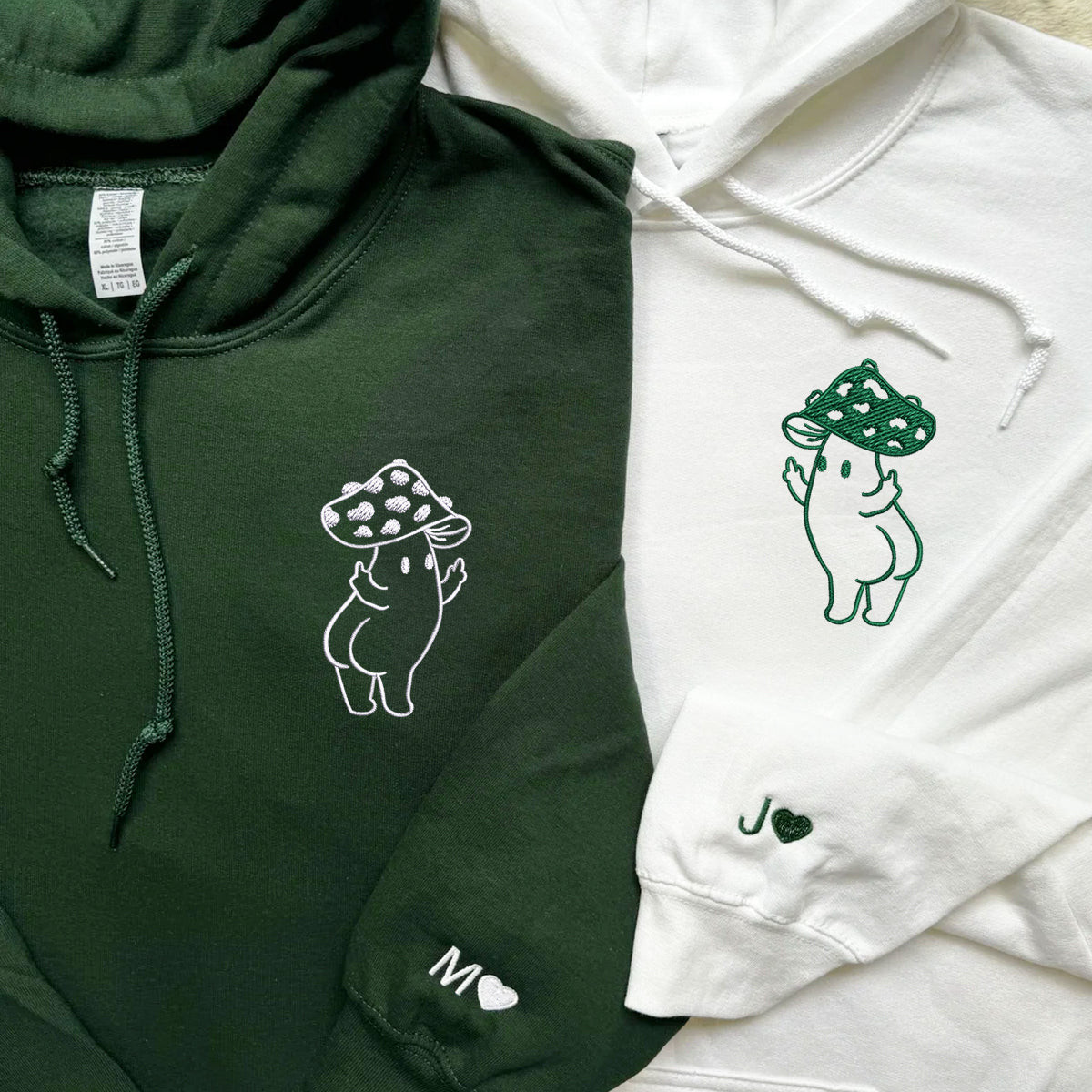 Custom Embroidered Cute Hands Mushroom Matching Hoodies for Couples
