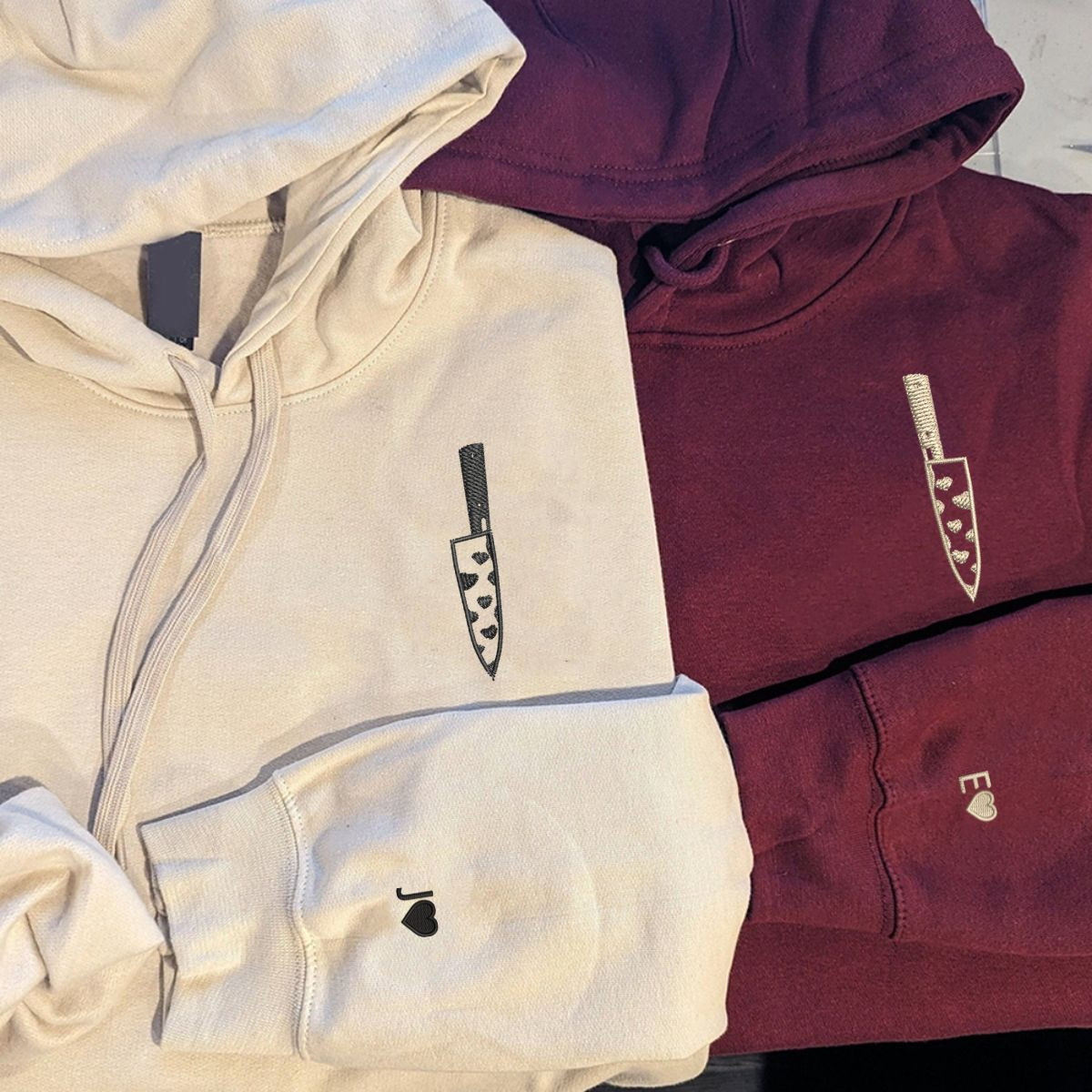 Custom Embroidered Heart Knife Matching Hoodies for Couples