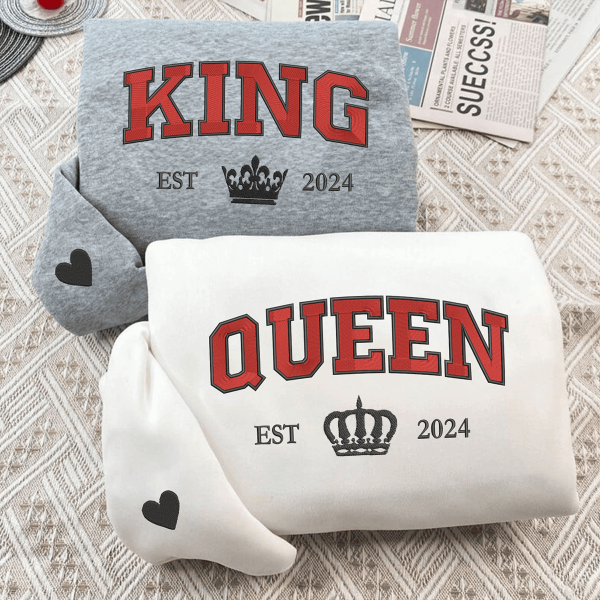 Custom Embroidered King and Queen Custom with Est Year Matching Hoodies for Couples