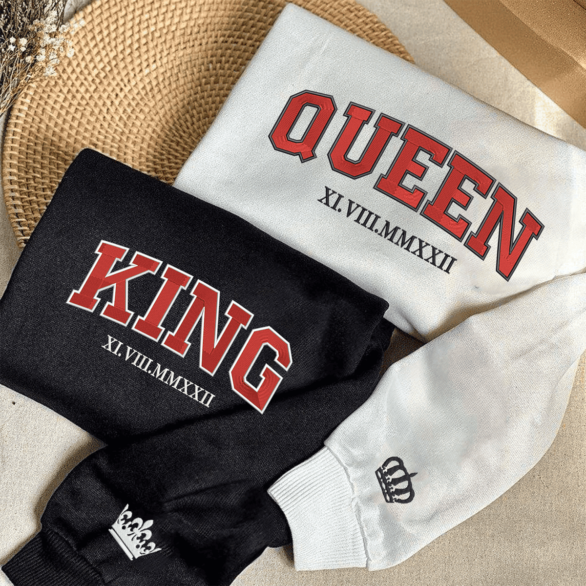 Custom Embroidered King and Queen Roman Numeral Matching Hoodies for Couples