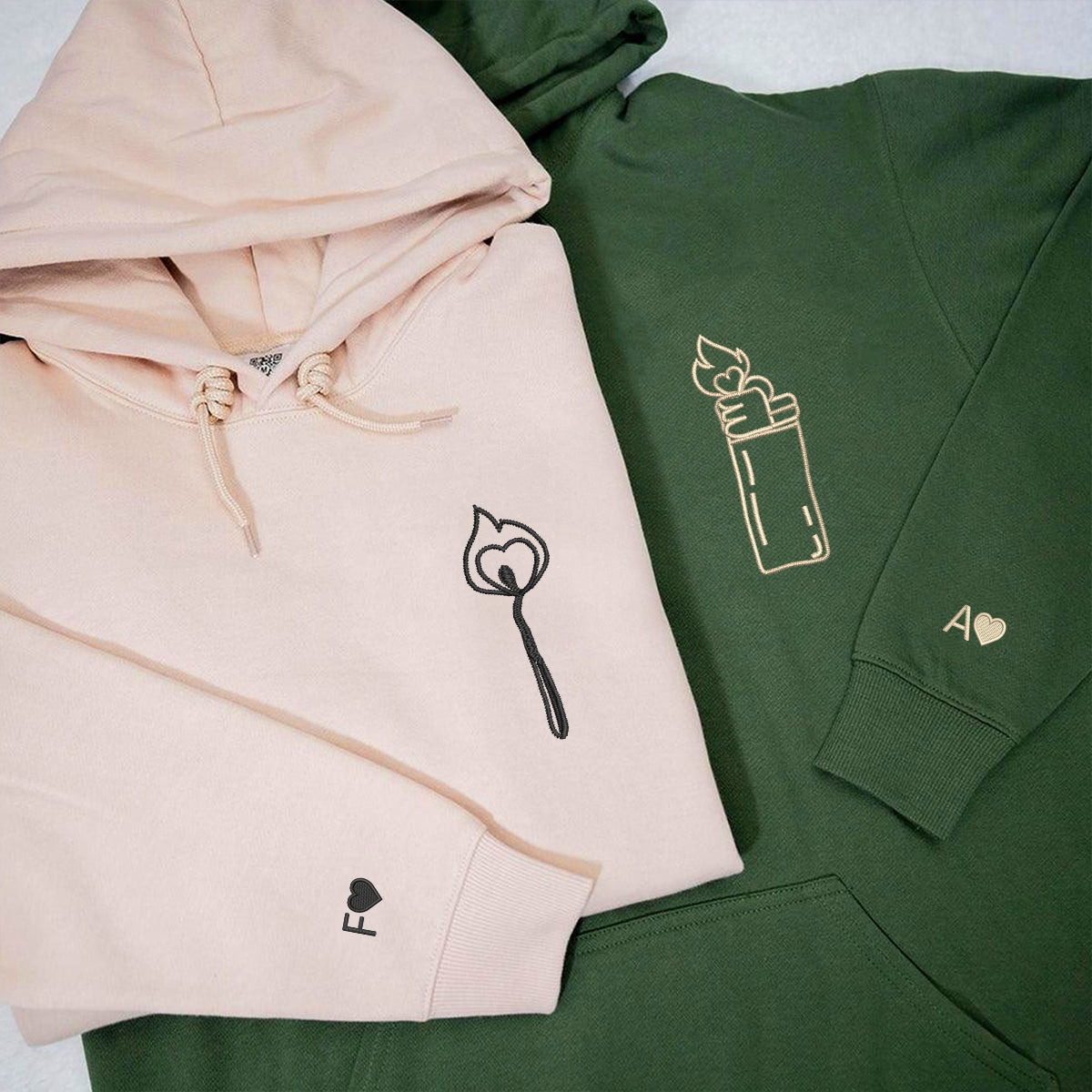 Custom Embroidered Lighter and Fire Matching Hoodies for Couples
