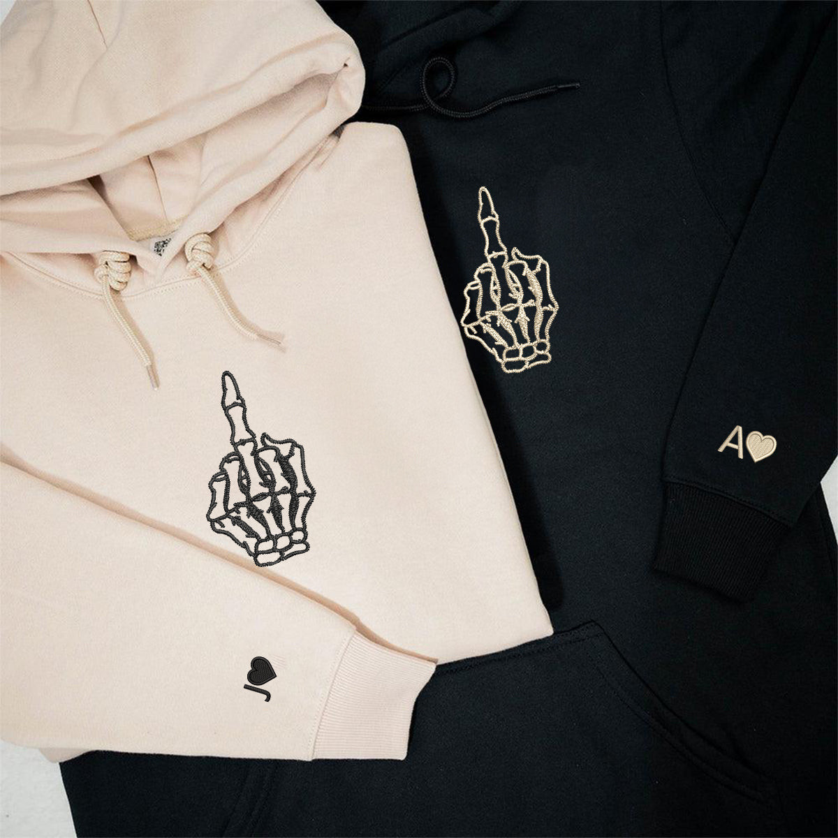Custom Embroidered Skeleton Cute Hands Matching Hoodies for Couples