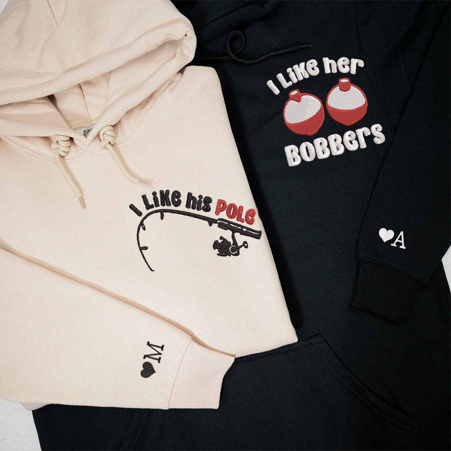 Custom I Like Her Bobbers Matching Embroidered Hoodies for Couples