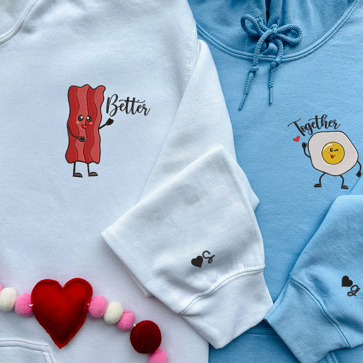 Custom Matching Bacon And Egg Embroidered Hoodie for Couples