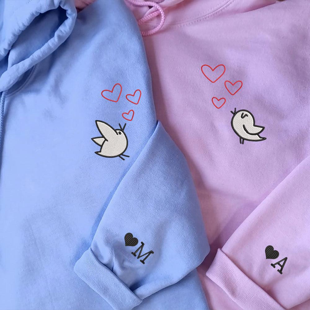 Cute Cartoon Birds Hearts Custom Embroidered Matching Hoodies For Couples