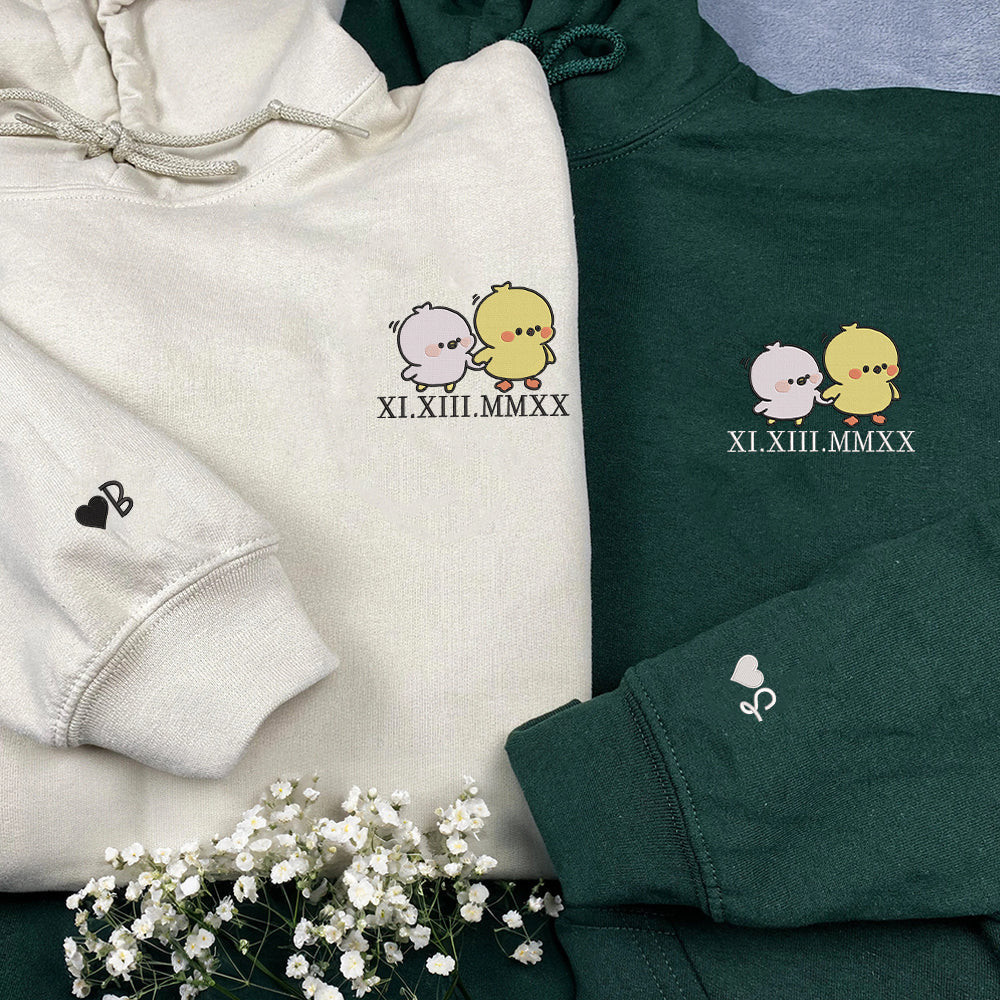 Cute Cartoon Chick Custom Roman Numeral Matching Embroidered Hoodies For Couples