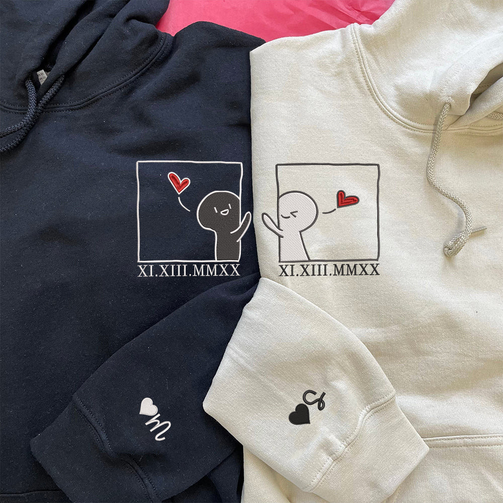 Cute Cartoon Couple Custom Roman Numeral Matching Embroidered Hoodies For Couples
