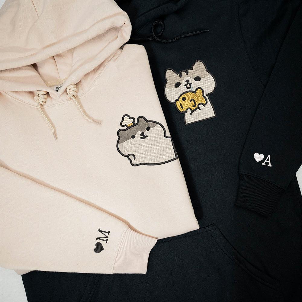 Cute Cat Custom Embroidered Matching Hoodies For Couples