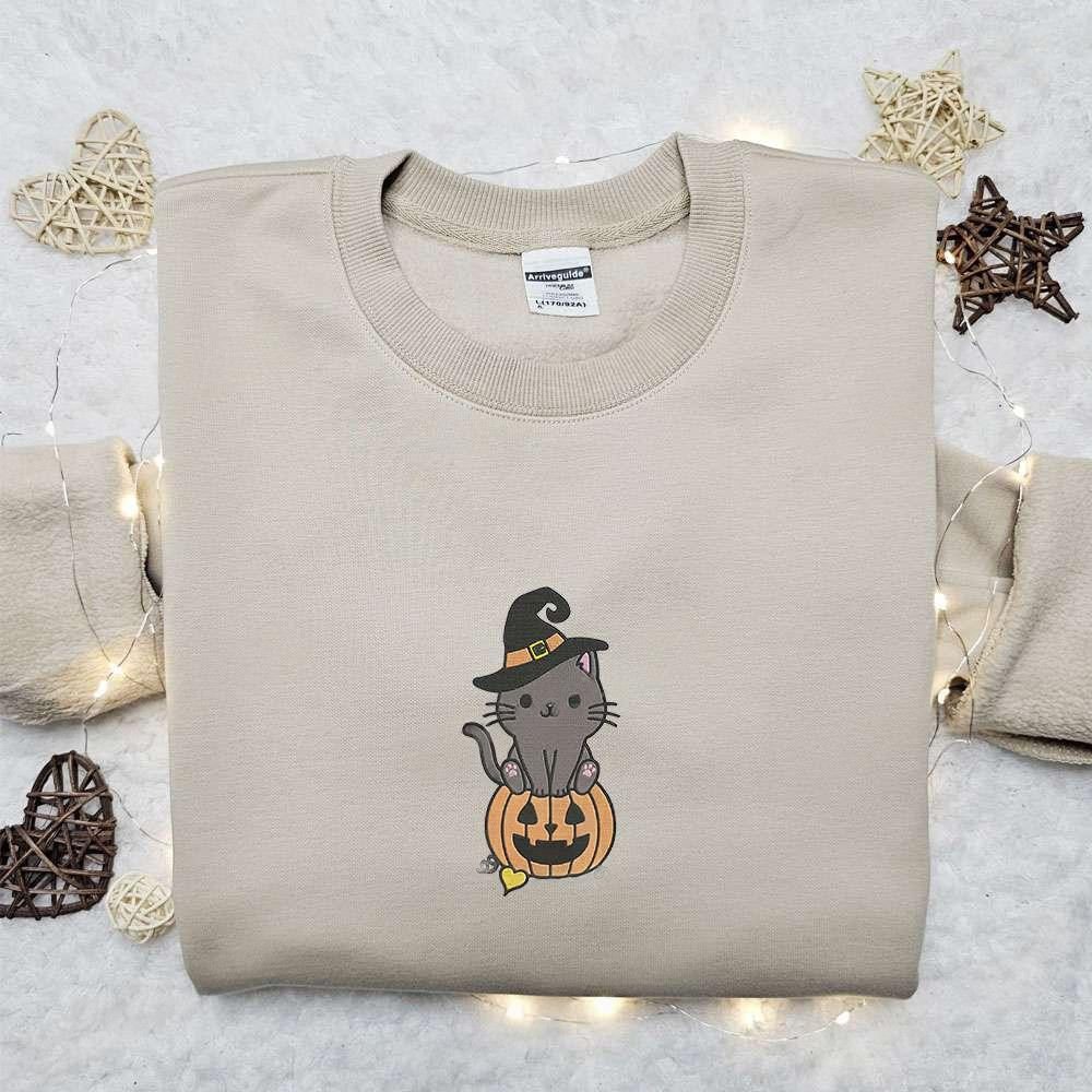 Cute Cat Pumpkin Embroidered Sweatshirt Halloween Embroidered Hoodie Best Halloween Gift Ideas